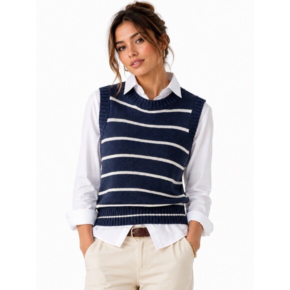 Mersea Sweaters - Voyageur By Mersea Sweater Vest Navy White Striped Preppy Coastal NWT Sz L